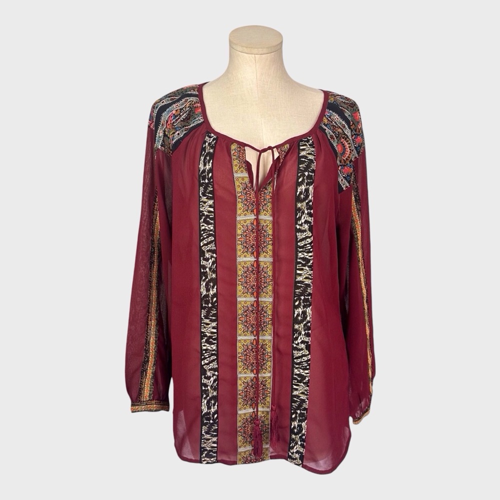 Mixed Print Tie Neck Long Sleeve Sheer‎ Blouse